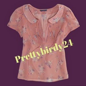 Y2K AEO Pink Floral Chiffon Peter Pan Collar Blouse